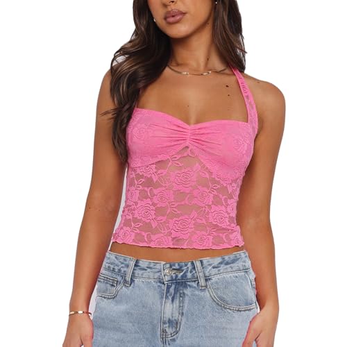 トップス y2k h.jelly lace-up blouse rose print Women Y2k Lace Halter Neck Crop Tops Sexy See Through Going Out